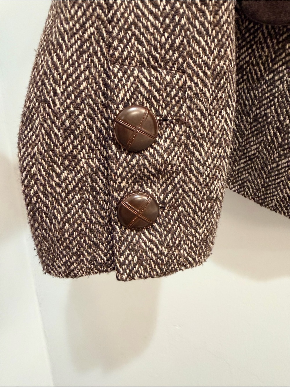 Y2K Vintage Dollhouse Herringbone Tweed Velvet Trim Riding Blazer Jacket L Brown - Picture 9 of 12